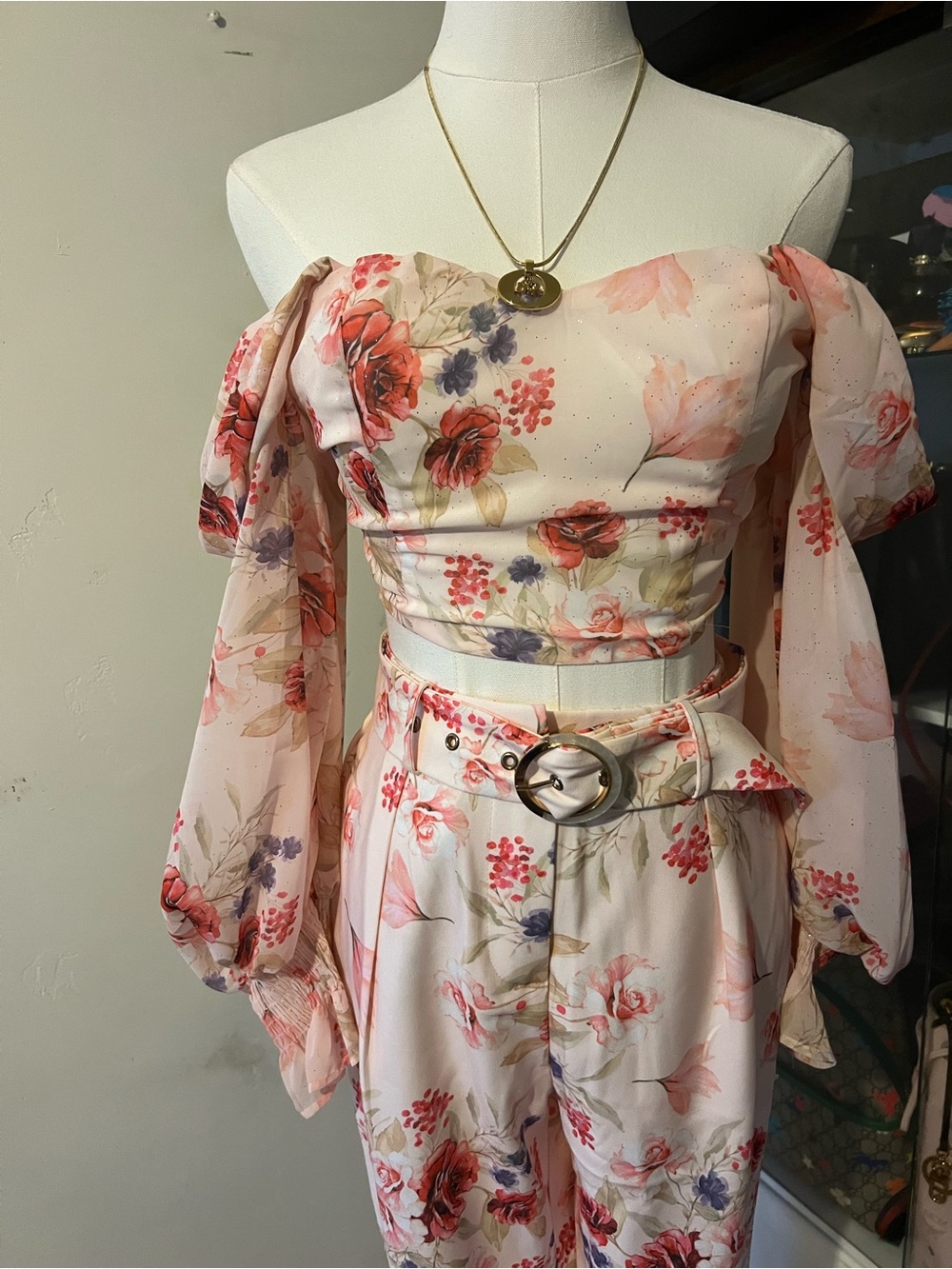 Floral Off-Shoulder Crop Top and High-Waist Pants Set - Pink Floral